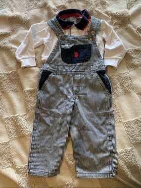 Polo by Ralph Lauren Navy Pinstripe Overalls with White Shirt 18M